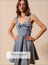 Mineral Washed Bow Ribbon Denim Flare Dress Dress, Ship from USA Sun-Imperial United States