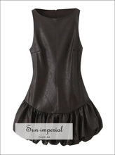Spring Faux Leather Sleeveless Mini Dress with Ruched Hem chic dress, coffee brown evening faux leather low waist dress Sun-Imperial United
