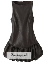 Spring Faux Leather Sleeveless Mini Dress with Ruched Hem chic dress, coffee brown evening faux leather low waist dress Sun-Imperial United