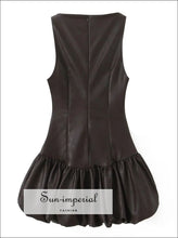 Spring Faux Leather Sleeveless Mini Dress with Ruched Hem chic dress, coffee brown evening faux leather low waist dress Sun-Imperial United