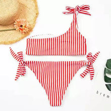 Striped One-shoulder Tie Bikini Set
