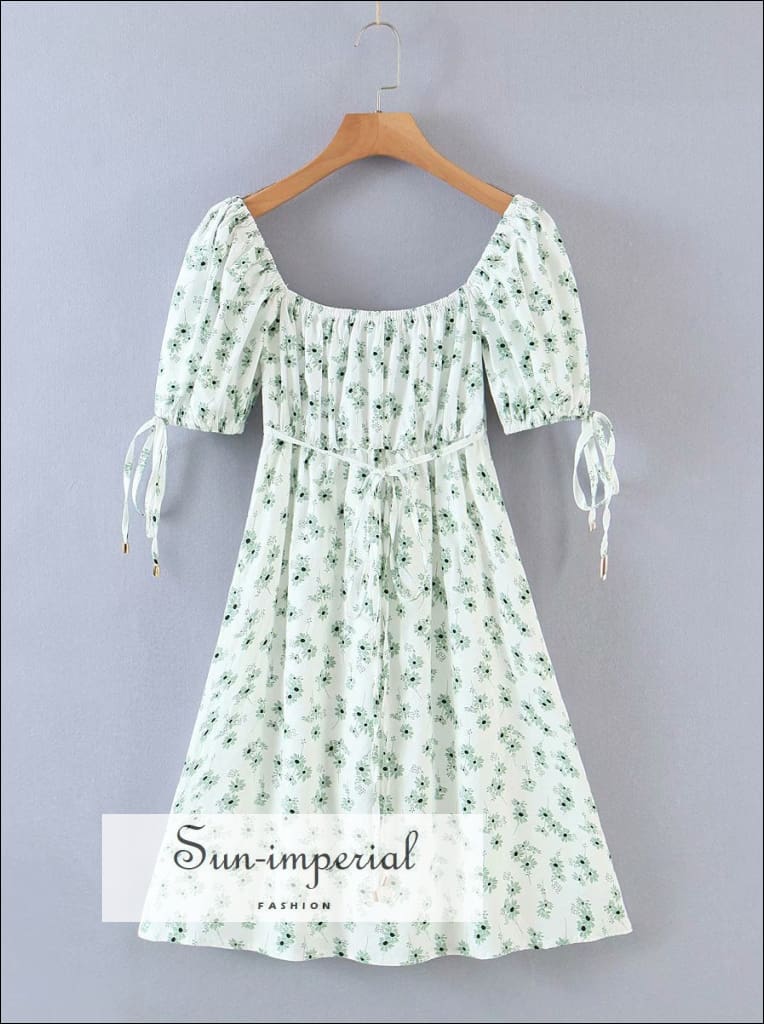 Sun-Imperial - Womens A-Line White Floral Mini Dress with Square Neck and Short Puff Sleeve Detail Sky Blue / L Sun-Imperial - Womens A-Line White Floral Mini Dress with Square Neck and Short Puff Sleeve Detail Sky Blue / L