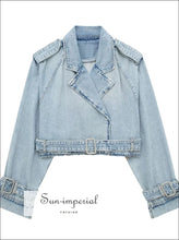 Belted Cropped Denim Jacket with Lapel Collar - Sun Imperial product photo 1