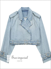 Belted Cropped Denim Jacket with Lapel Collar - Sun Imperial product photo 7