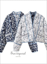 Blue and White Floral Quilted Reversible Bomber Jacket boutique outerwear, casual outerwear women, floral jacket quilted coat, lightweight