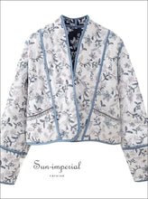Blue and White Floral Quilted Reversible Bomber Jacket boutique outerwear, casual outerwear women, floral jacket quilted coat, lightweight