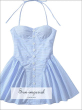 Blue Striped Halter Corset Mini Dress – Backless Bow Swing Summer backless summer dress, blue striped corset dress women, halter mini low