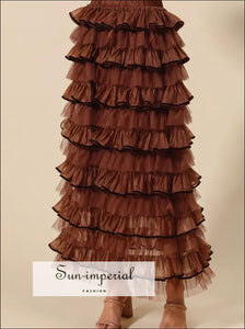 Sun-imperial Brown Layered Ruffled Tulle Maxi Skirt Ship from USA, Sun-Imperial United States