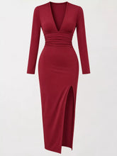 Deep V-Neck Ruched Bodycon Dress with High Slit - Sun Imperial product photo 10