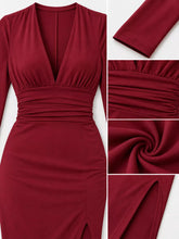 Deep V-Neck Ruched Bodycon Dress with High Slit - Sun Imperial product photo 11