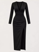 Deep V-Neck Ruched Bodycon Dress with High Slit - Sun Imperial product photo 2