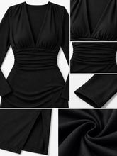Deep V-Neck Ruched Bodycon Dress with High Slit - Sun Imperial product photo 3