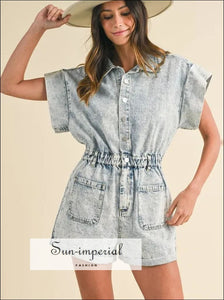 Sun-imperial Elastic Waistband Short Sleeve Denim Romper Ship from USA, Sun-Imperial United States