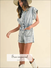 Sun-imperial Elastic Waistband Short Sleeve Denim Romper Ship from USA, Sun-Imperial United States