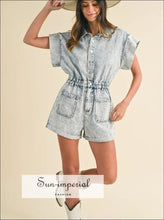 Sun-imperial Elastic Waistband Short Sleeve Denim Romper Ship from USA, Sun-Imperial United States