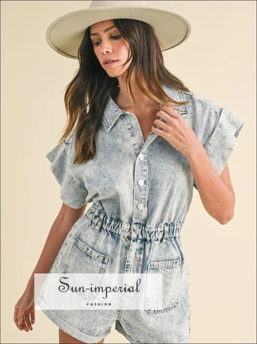 Sun-imperial Elastic Waistband Short Sleeve Denim Romper Ship from USA, Sun-Imperial United States