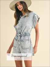 Sun-imperial Elastic Waistband Short Sleeve Denim Romper Ship from USA, Sun-Imperial United States