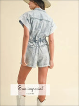 Sun-imperial Elastic Waistband Short Sleeve Denim Romper Ship from USA, Sun-Imperial United States