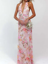 Women's floral halter maxi dress with deep V neckline