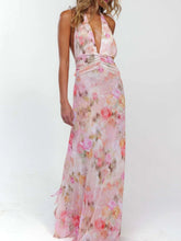 Women's floral halter maxi dress with deep V neckline