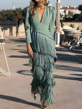 Fringed V-Neck Puff Sleeve Maxi Dress - Sun Imperial product photo 4