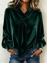 Full Size Velvet Tie-Neck Long Sleeve Top Plus Size - Sun Imperial product photo 6