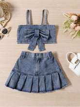 Kids' Denim Bowknot Crop Top and Pleated Skirt Set - Sun Imperial product photo 2