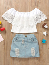 Kids' Off-Shoulder Lace Top and Denim Skirt Set - Sun Imperial product photo 2