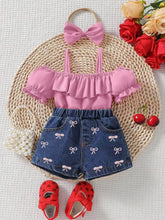 Kids' Ruffle Top and Bowknot Denim Shorts Set with Headband - Sun Imperial product photo 1