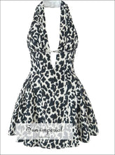 Leopard Dot Pleated Ruched Halter Dress – Deep v Neck Low Waist Swing Short for Women casual party dress, deep neck halter dress women,