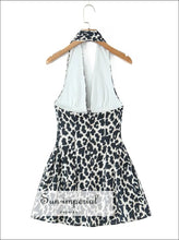 Leopard Dot Pleated Ruched Halter Dress – Deep v Neck Low Waist Swing Short for Women casual party dress, deep neck halter dress women,