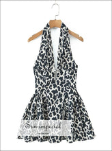 Leopard Dot Pleated Ruched Halter Dress – Deep v Neck Low Waist Swing Short for Women casual party dress, deep neck halter dress women,