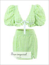Plaid Puff-Sleeve Crop Top and Pencil Mini Skirt Set - Sun Imperial product photo 1