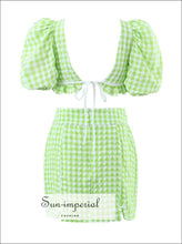 Plaid Puff-Sleeve Crop Top and Pencil Mini Skirt Set - Sun Imperial product photo 2