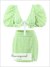 Plaid Puff-Sleeve Crop Top and Pencil Mini Skirt Set - Sun Imperial product photo 3
