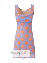 Ruched Contrast Dot Print Sleeveless Mesh Mini Dress boutique women dress, casual party dot print fitted mini mesh dress Sun-Imperial