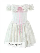 Sweet Floral Stripes White Lace Bow Ruched Shoulder Dress – Women Dress, floral dress, short dress Sun-Imperial United States