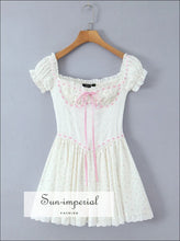 Sweet Floral Stripes White Lace Bow Ruched Shoulder Dress – Women Dress, floral dress, short dress Sun-Imperial United States