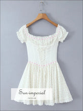 Sweet Floral Stripes White Lace Bow Ruched Shoulder Dress – Women Dress, floral dress, short dress Sun-Imperial United States