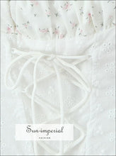 Sweet Floral Stripes White Lace Bow Ruched Shoulder Dress – Women Dress, floral dress, short dress Sun-Imperial United States