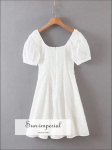 White A-line Lace Front Dress Short Puff Sleeve Sun-Imperial United States