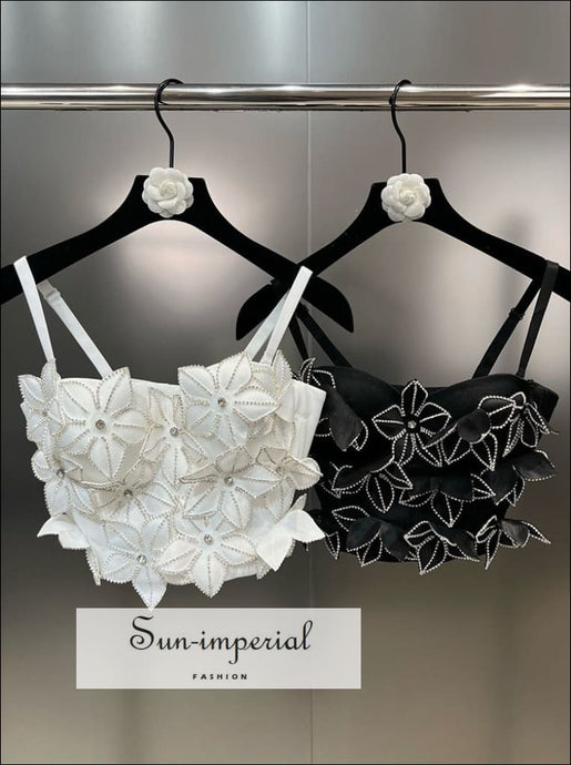 Women’s Elegant Cami Corset Style Cropped Top With Applique Flowers And Zircon Diamonds Detail Strap Square Collar Sun-Imperial United