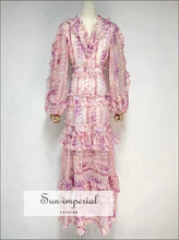 Women’s Floral v Neck Long Sleeve Maxi Dress With Ruffle Hem Detail V Sun-Imperial United States