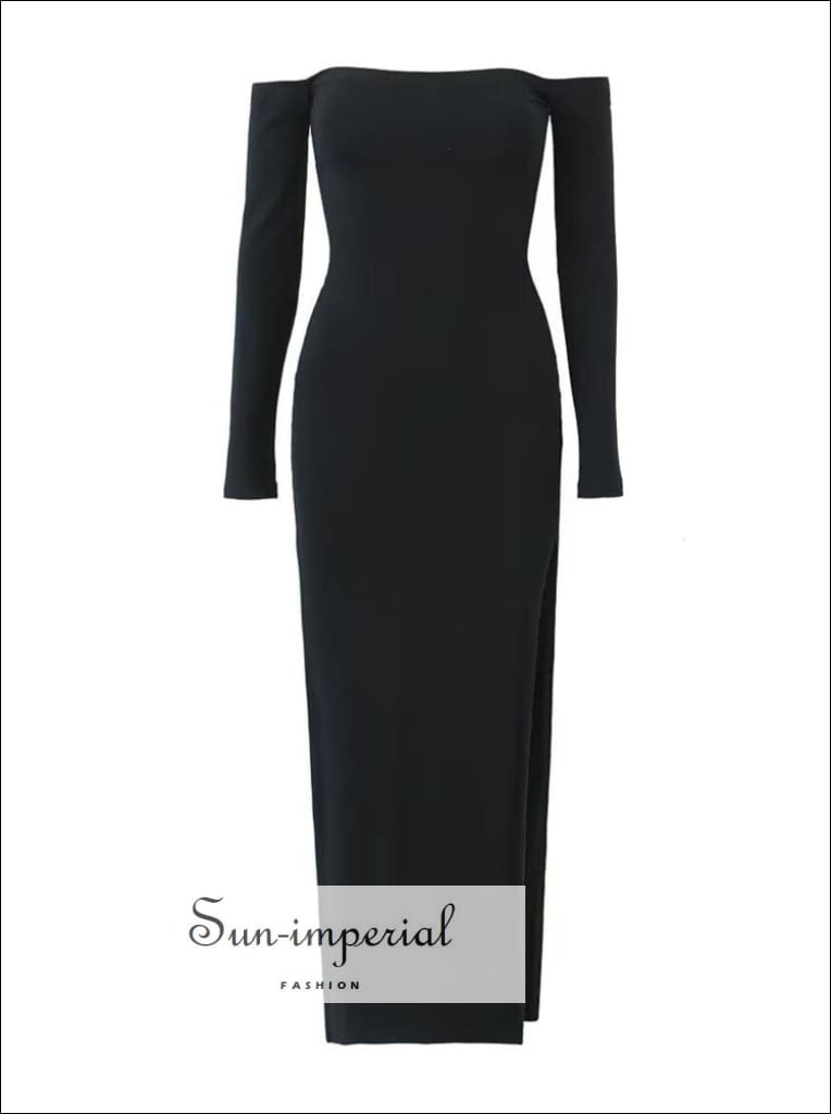 Sun-imperial - women's black long sleeve off the shoulder bodycon midi dress with high side slit Sun-Imperial Sun-imperial - women's black long sleeve off the shoulder bodycon midi dress with high side slit Sun-Imperial