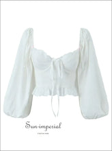 White Corset-style Lantern Sleeve Crop Blouse with Lace-up Bac boutique women top, corset style cropped blouse women, feminine blouse, lace