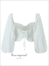 White Corset-style Lantern Sleeve Crop Blouse with Lace-up Bac boutique women top, corset style cropped blouse women, feminine blouse, lace