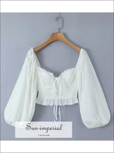 White Corset-style Lantern Sleeve Crop Blouse with Lace-up Bac boutique women top, corset style cropped blouse women, feminine blouse, lace