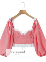 White Corset-style Lantern Sleeve Crop Blouse with Lace-up Bac boutique women top, corset style cropped blouse women, feminine blouse, lace