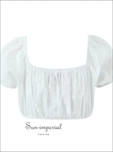 White Embroidered Corset-style Puff Sleeve Crop Top boutique crop top, corset style embroidered feminine women fitted top Sun-Imperial