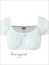 White Embroidered Corset-style Puff Sleeve Crop Top boutique crop top, corset style embroidered feminine women fitted top Sun-Imperial